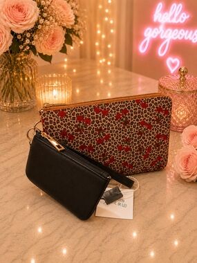 Cherry Print Wristlet Set with Black Pouch
